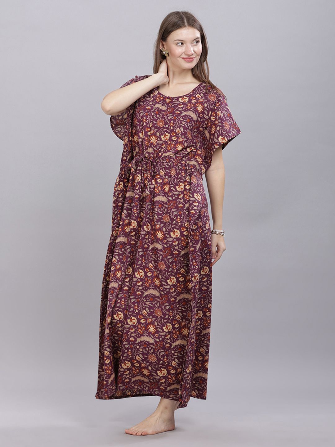 

NAIDU HALL Women Pure Cotton Ethnic Motifs Printed Maxi Nightdress, Purple