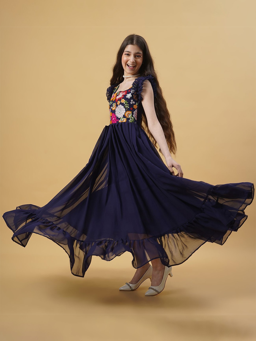 

BAESD Girls Floral Embroidered Fit & Flare Maxi Dress, Blue