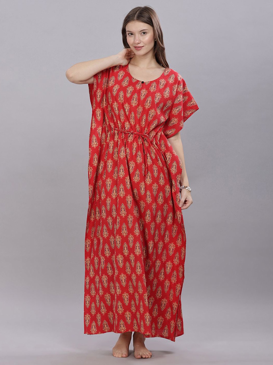 

NAIDU HALL Printed Pure Cotton Maxi Kaftan Nightdress, Red