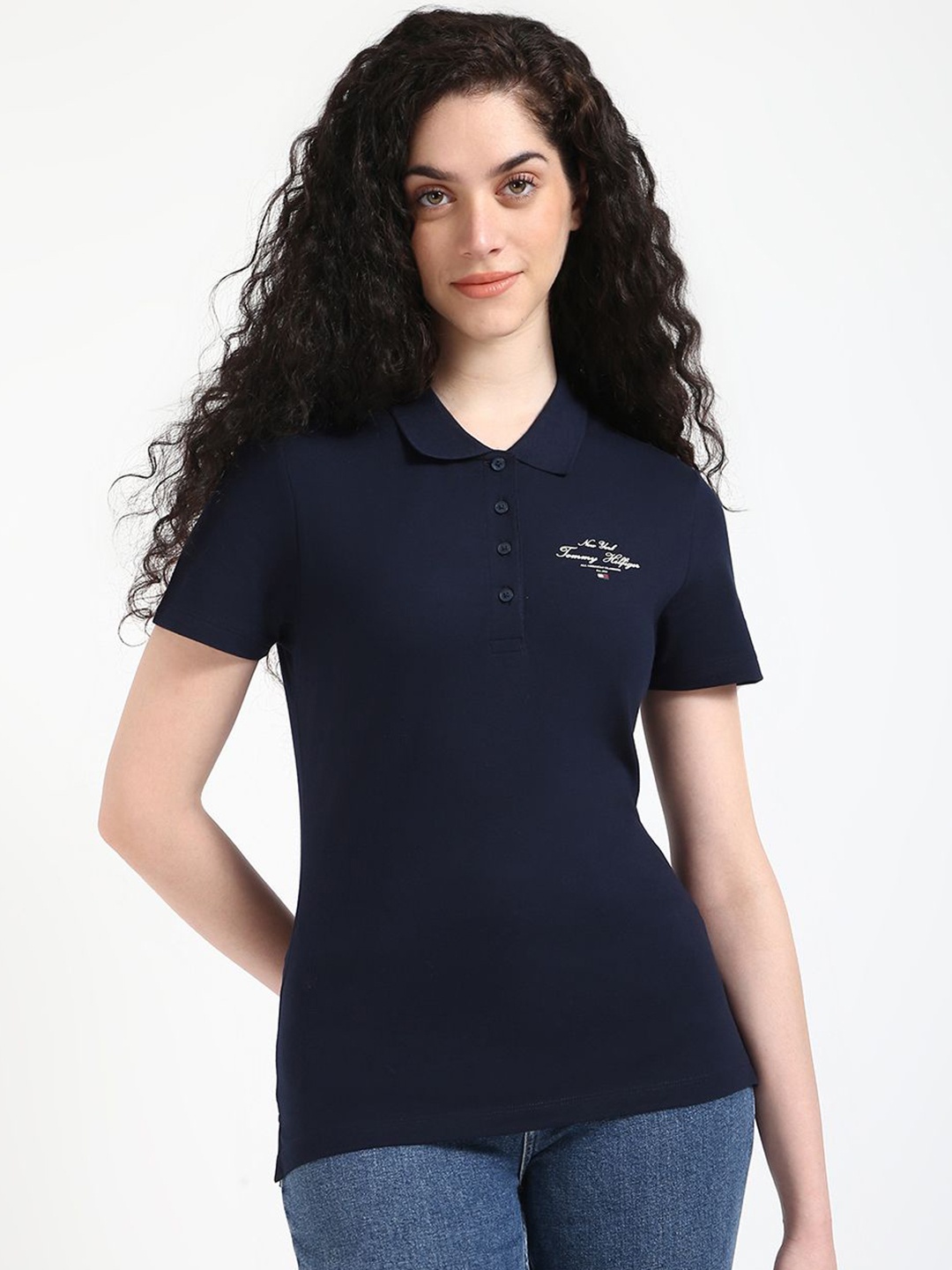 

Tommy Hilfiger Women Typography Polo Collar Applique Slim Fit T-shirt, Blue