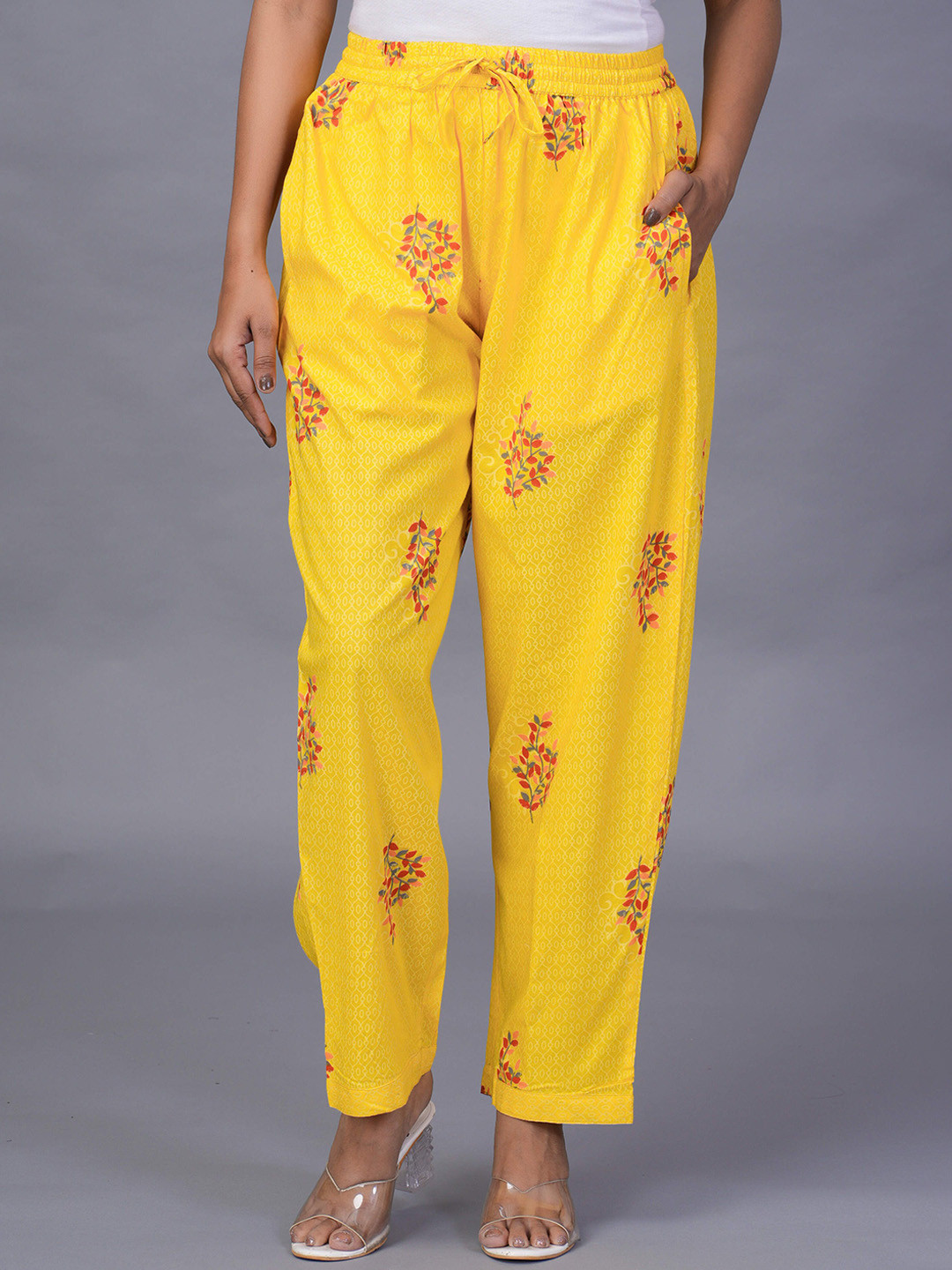 

KALINI Women Floral Printed Mid-Rise Trousers, Yellow