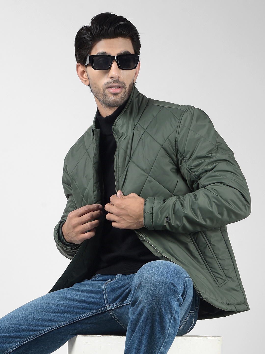 

Numero Uno Men Mock Collar Solid Casual Quilted Jacket, Olive