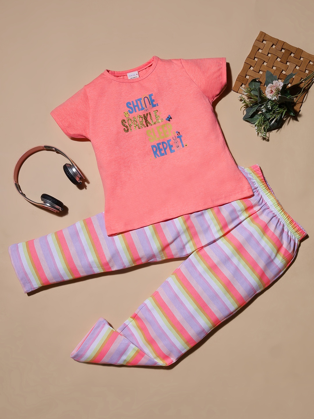 

RAINE AND JAINE Girls Printed Night suit, Orange