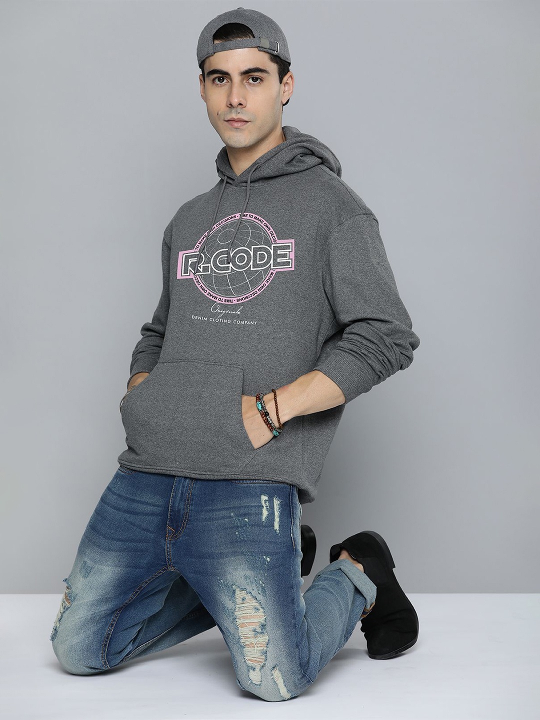 

R.Code by The Roadster Life Co. Men Graphic Printed Hooded Sweatshirt, Charcoal