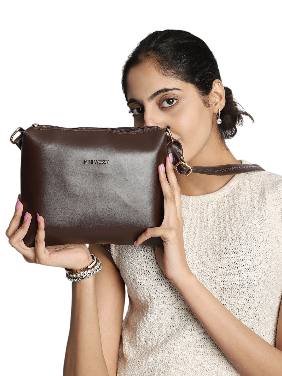 

MINI WESST Women Solid Structured Sling Bag, Brown