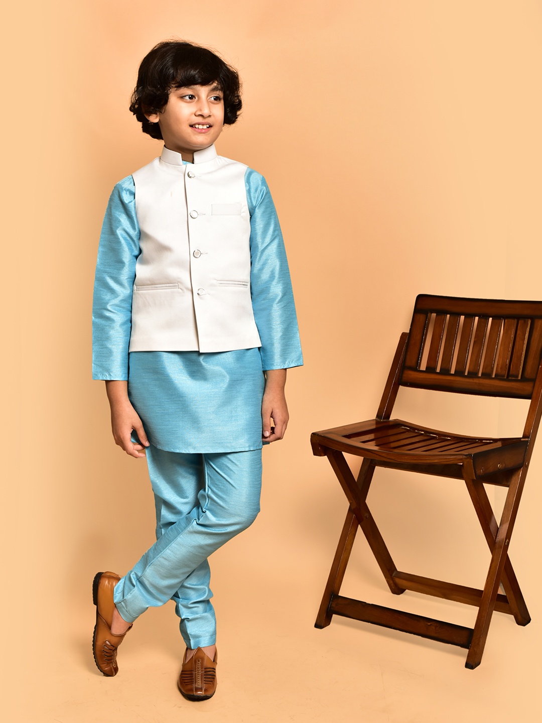 

PRINTINDIA Boys Mandarin Collar Regular Straight Kurta with Pyjamas, Blue