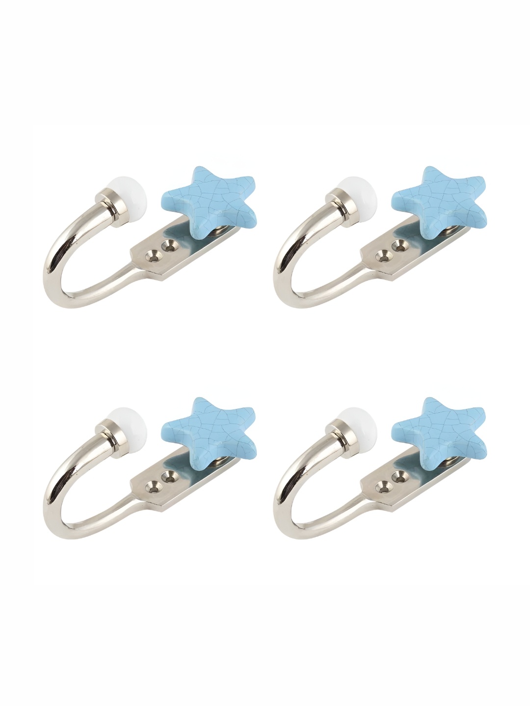 

IndianShelf Silver-Toned & Blue 4 Pieces Star Ceramic & Zinc Wall Hooks