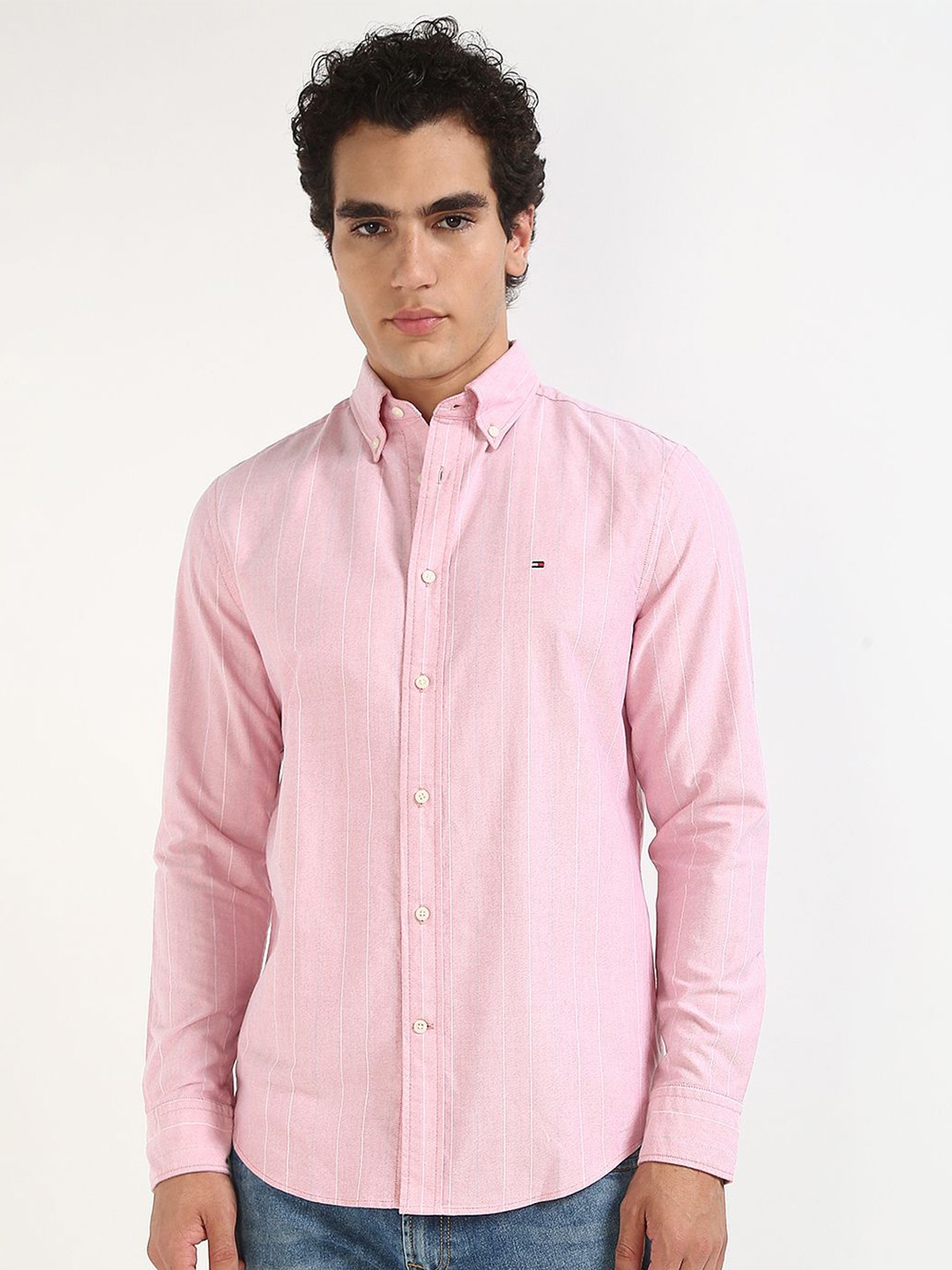 

Tommy Hilfiger Men Button-Down Collar Vertical Striped Cotton Casual Shirt, Pink