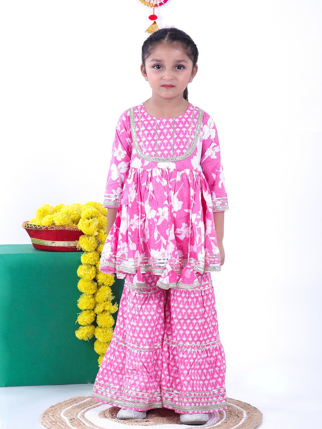 

AATYA KIIDS Girls Floral Printed Regular Pure Cotton Kurti with Sharara, Pink