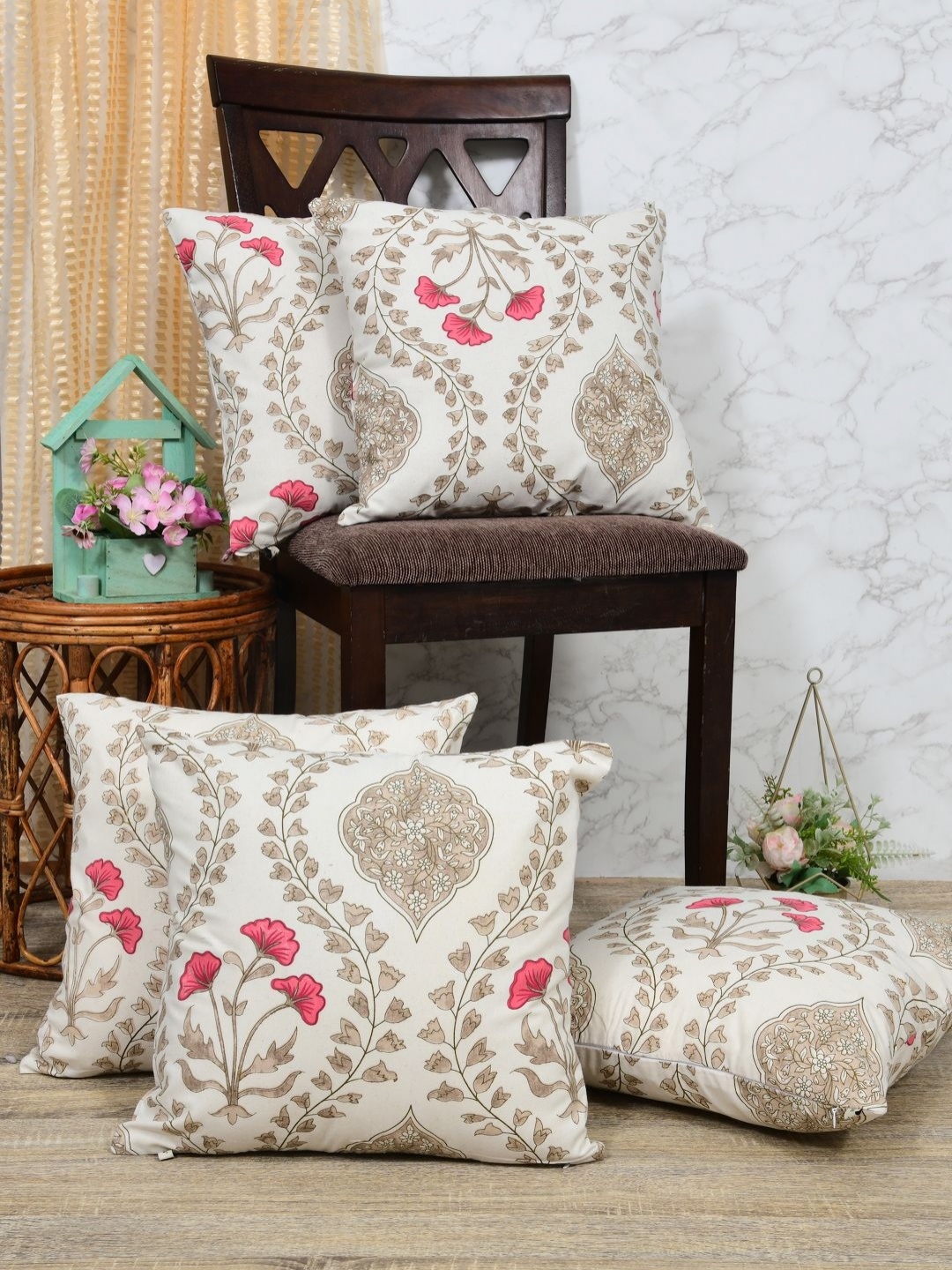 

Clasiko Beige & Pink 5 Pieces Floral Printed Cotton Square Cushion Covers