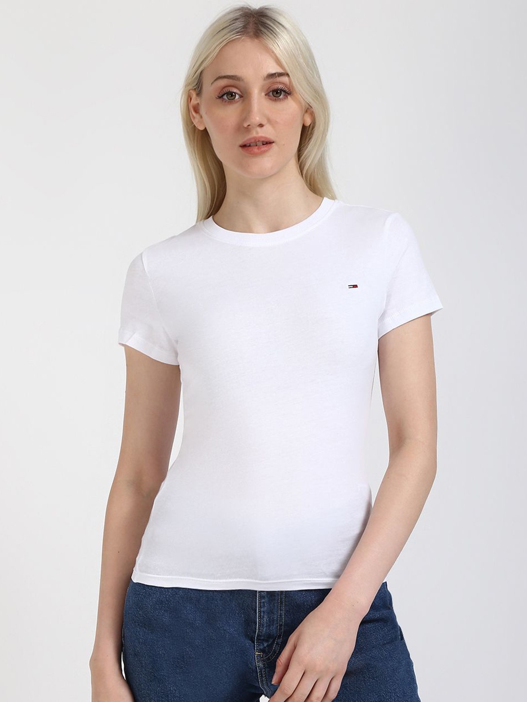 

Tommy Hilfiger Women Slim Fit Solid Cotton T-shirt, White