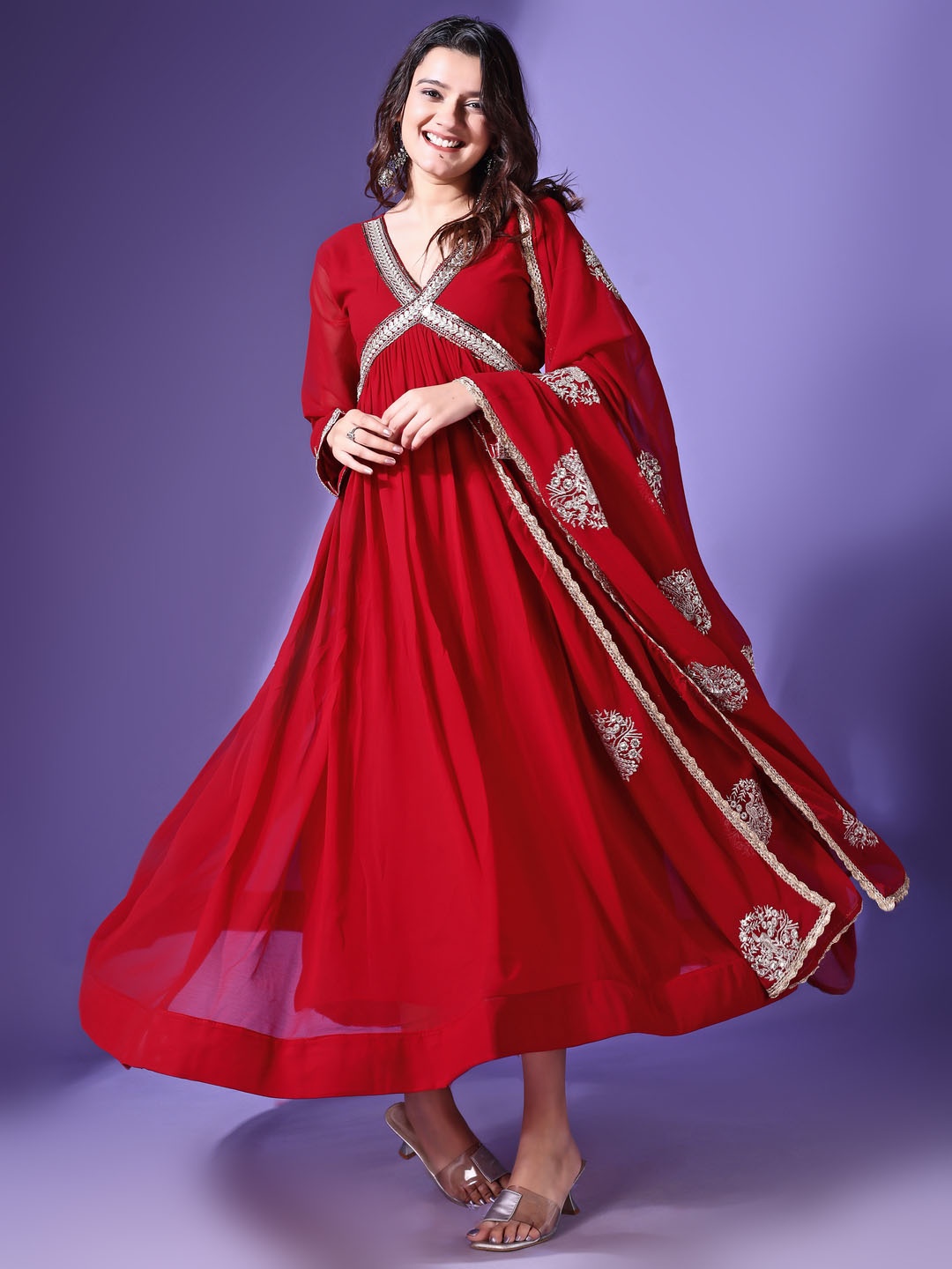 

KALINI V-Neck Embroidered Georgette Fit and Flare Ethnic Dress, Maroon