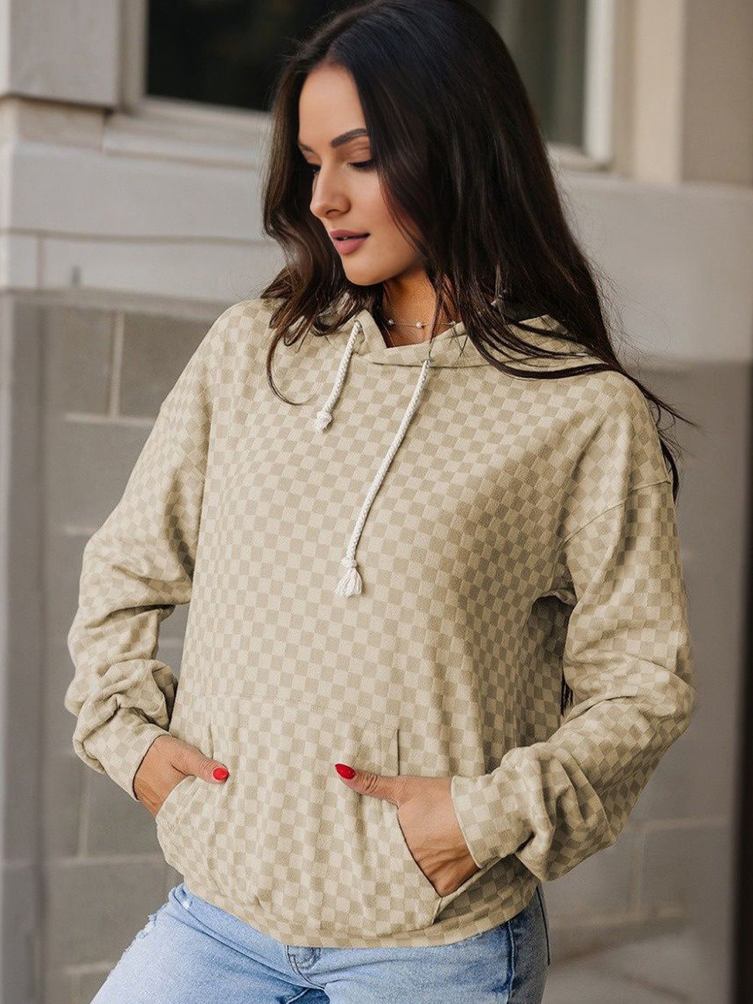 

StyleCast Women Cotton Checked Hooded Sweatshirt, Beige