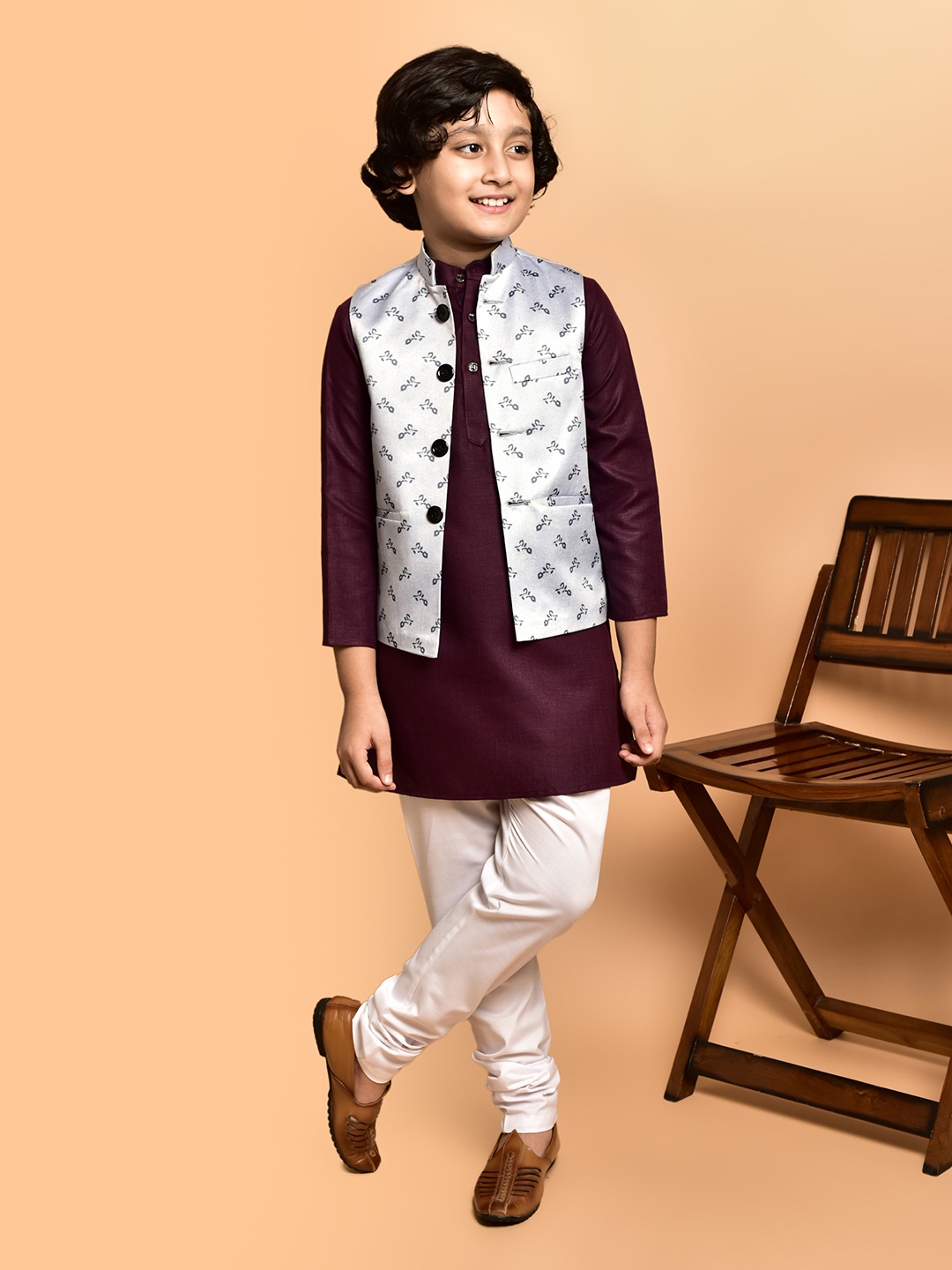 

PRINTINDIA Boys Band Collar Straight Kurta with Trouser & Nehru Jacket, Brown