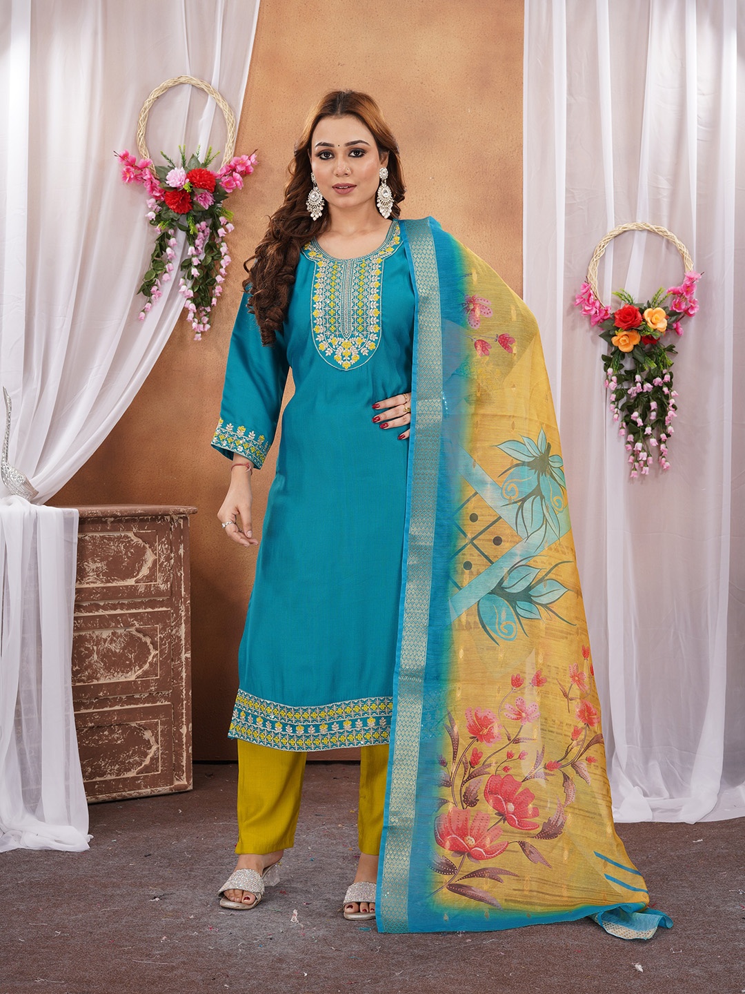 

Maheesha Floral Embroidered Thread Work Straight Kurta with Trouser & Dupatta, Blue