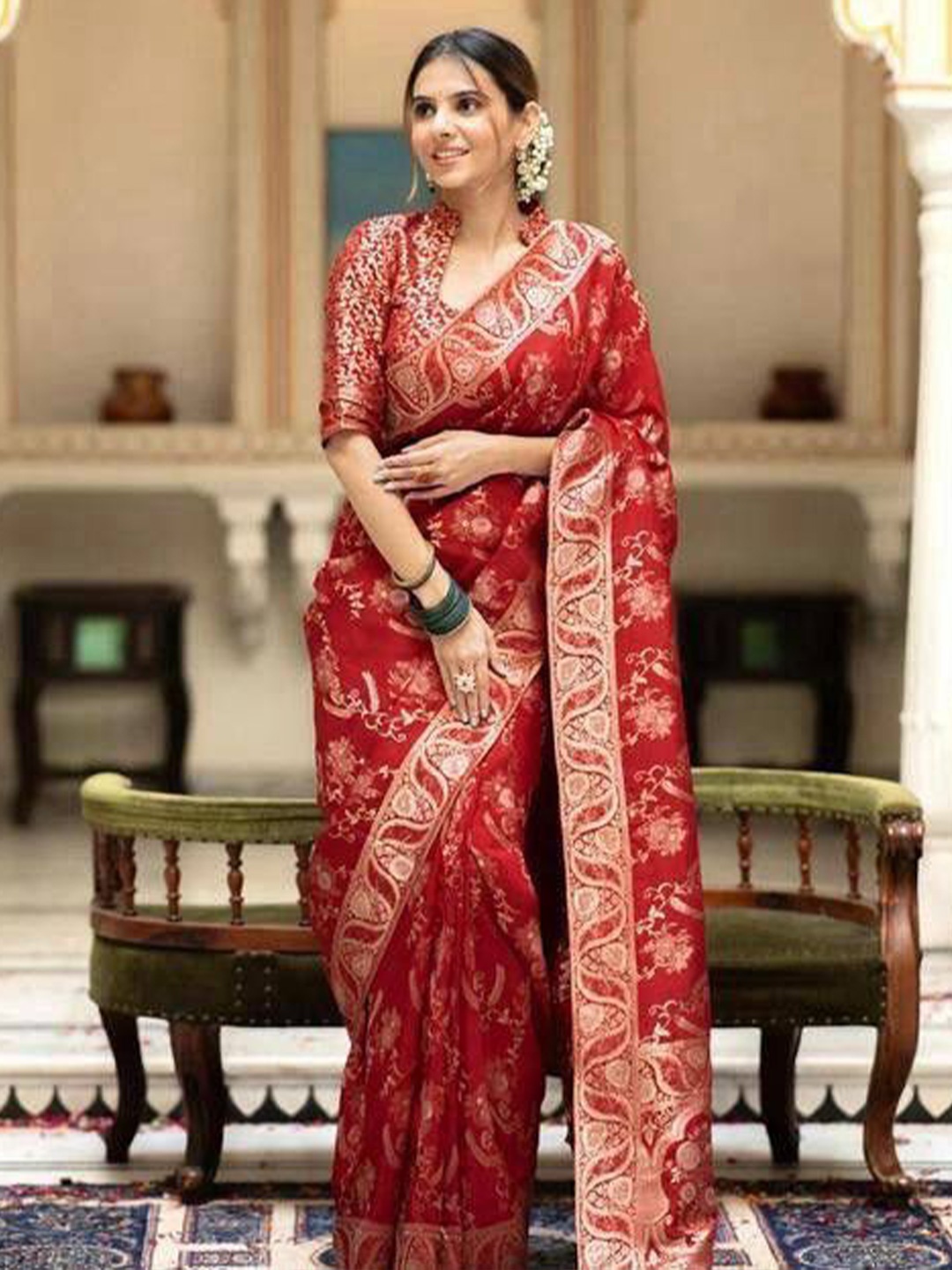 

ZIBLON Woven Design Zari Pure Silk Kanjeevaram Saree, Red