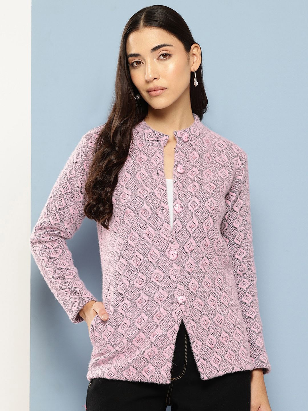 

BAESD Women Embellished Chevron Woollen Cardigan Sweater, Purple