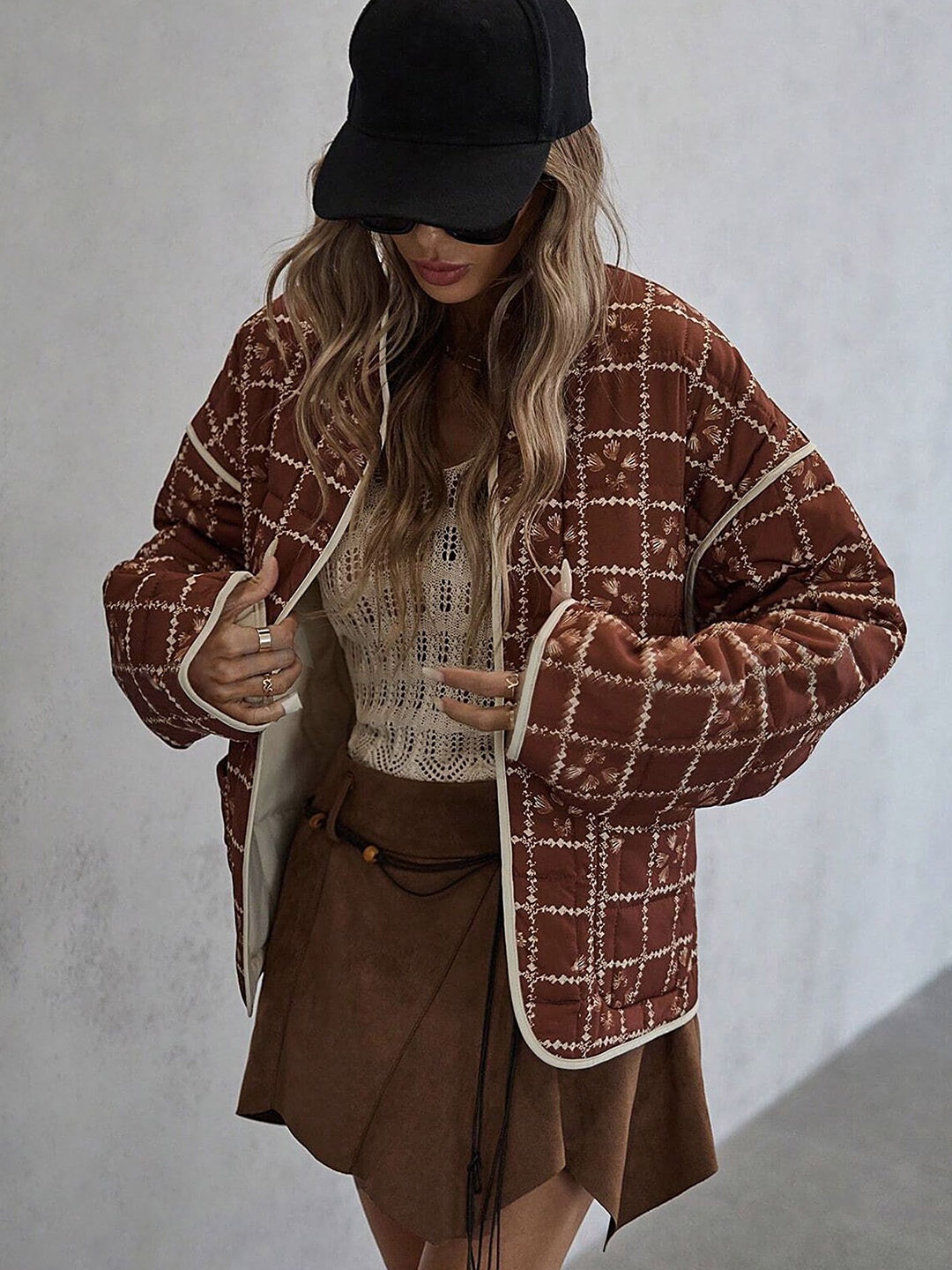 

LULU & SKY Women Collarless Conversational Printed Casual Open Front Jacket, Rust