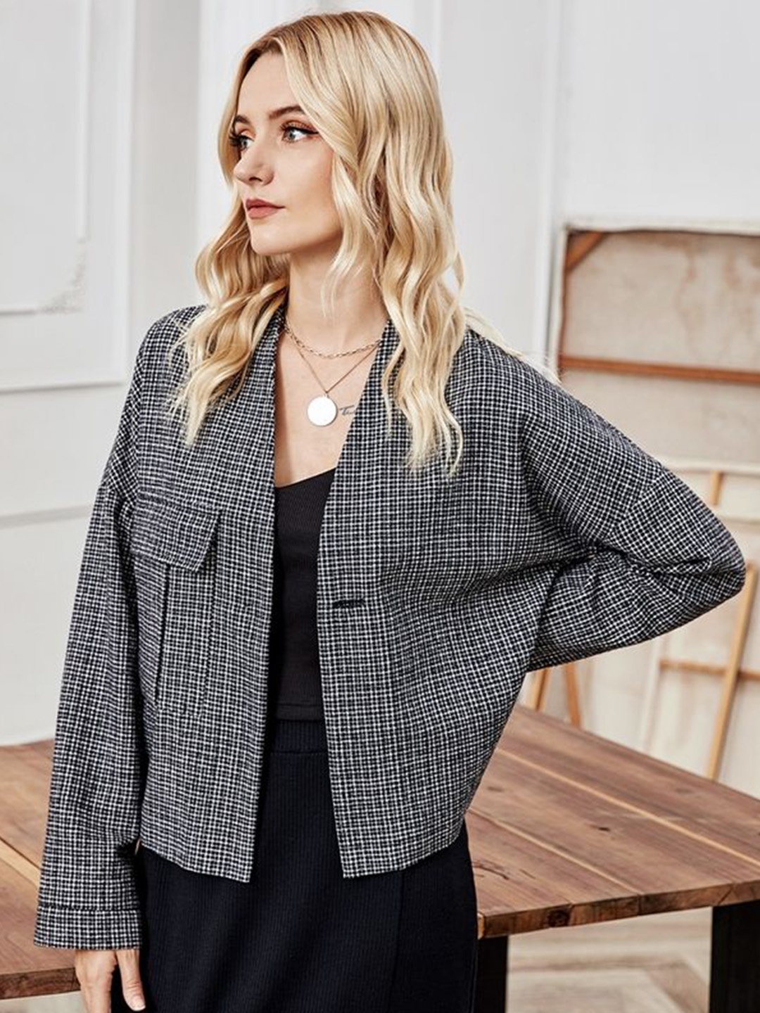 

LULU & SKY Women Collarless Houndstooth Solid Casual Tailored Jacket, White