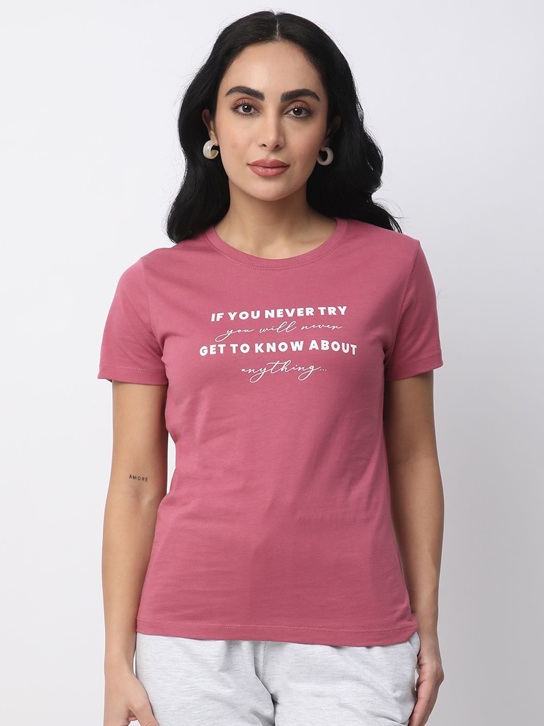 

R&B Women Typography Printed Round Neck Cotton T-shirt, Pink