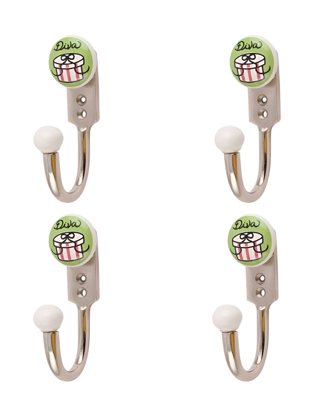 

IndianShelf Green & White 4 Pieces Diva Printed Ceramic Wall Hooks