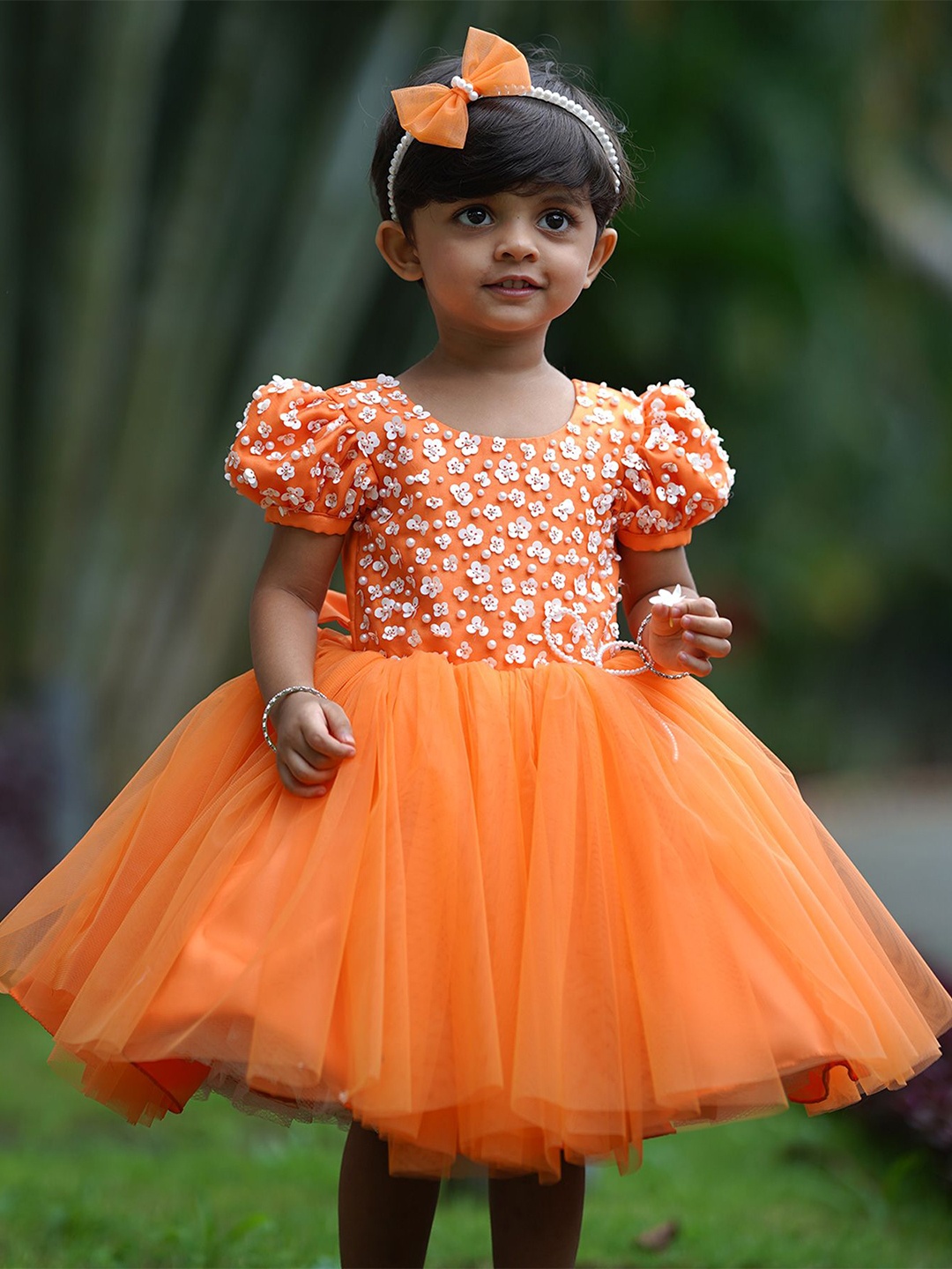 

Li & Li Boutique Girls Floral Flutter Sleeve Fit & Flare Dress, Orange
