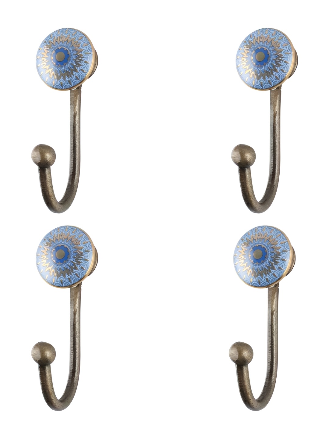 

IndianShelf Blue & Gold Toned 4 Pieces Ethnic Motifs Printed Ceramic Wall Hooks