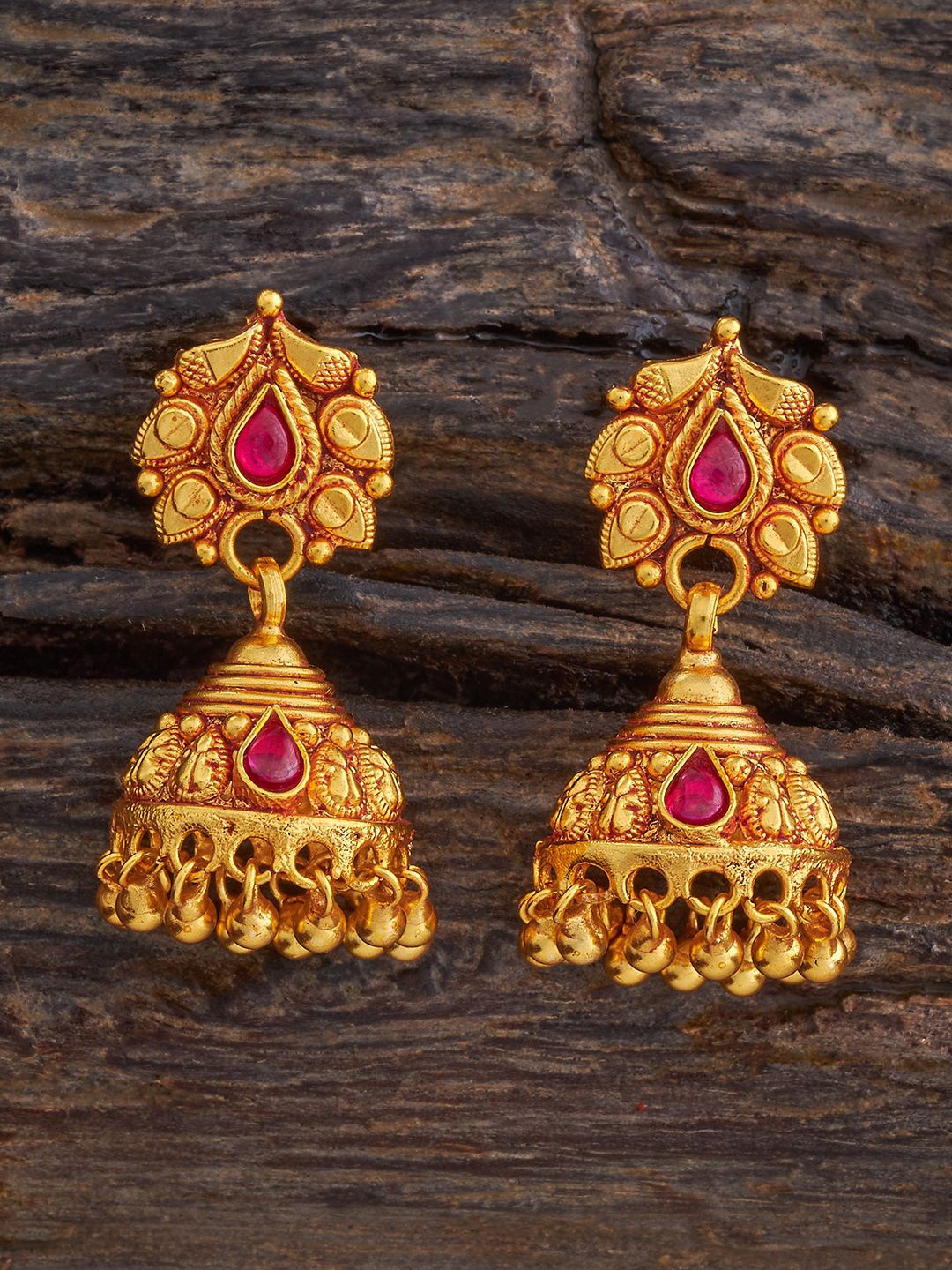 

Kushal's Fashion Jewellery 92.5 Pure Silver Gold-Plated Stone Studded Contemporary Jhumkas