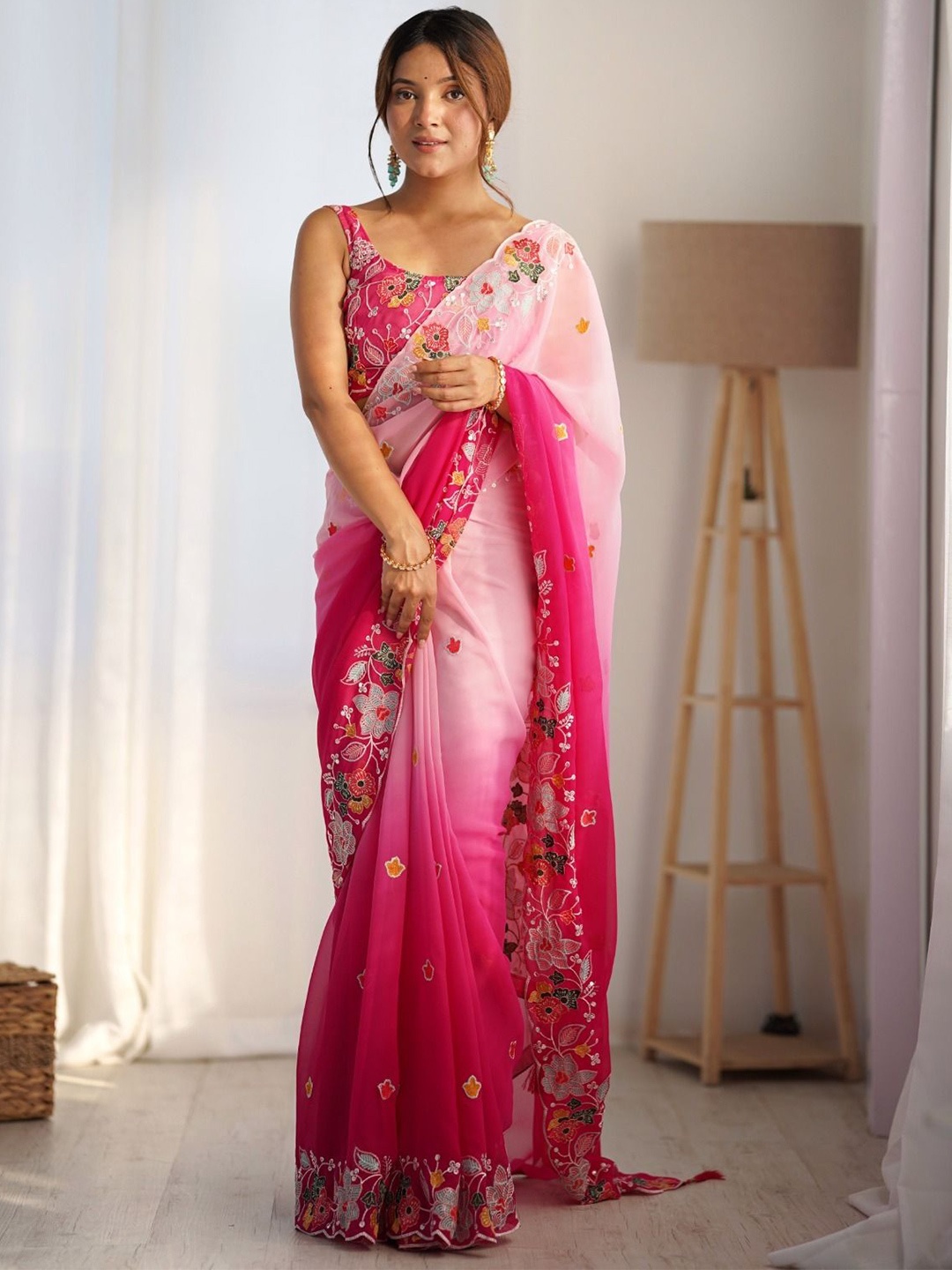 

KSM PRINTS Floral Sequinned Embroidered Pure Georgette Saree, Pink
