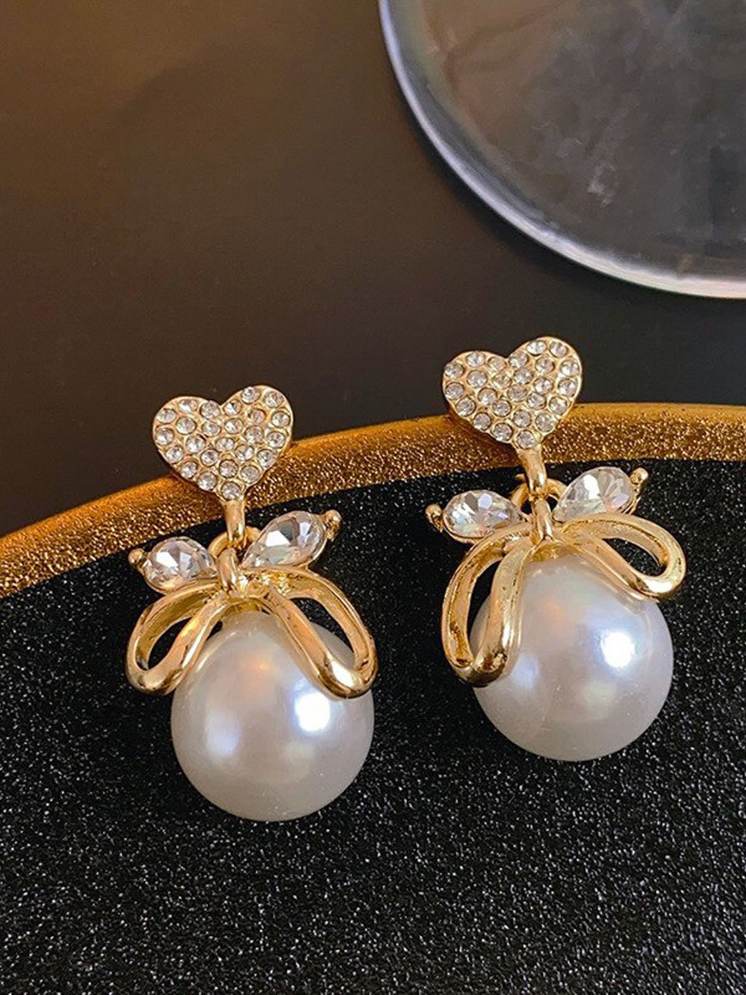 

PolluxCraft Gold-Plated Heart Shaped Stone Studded & Beaded Korean Drop Earrings