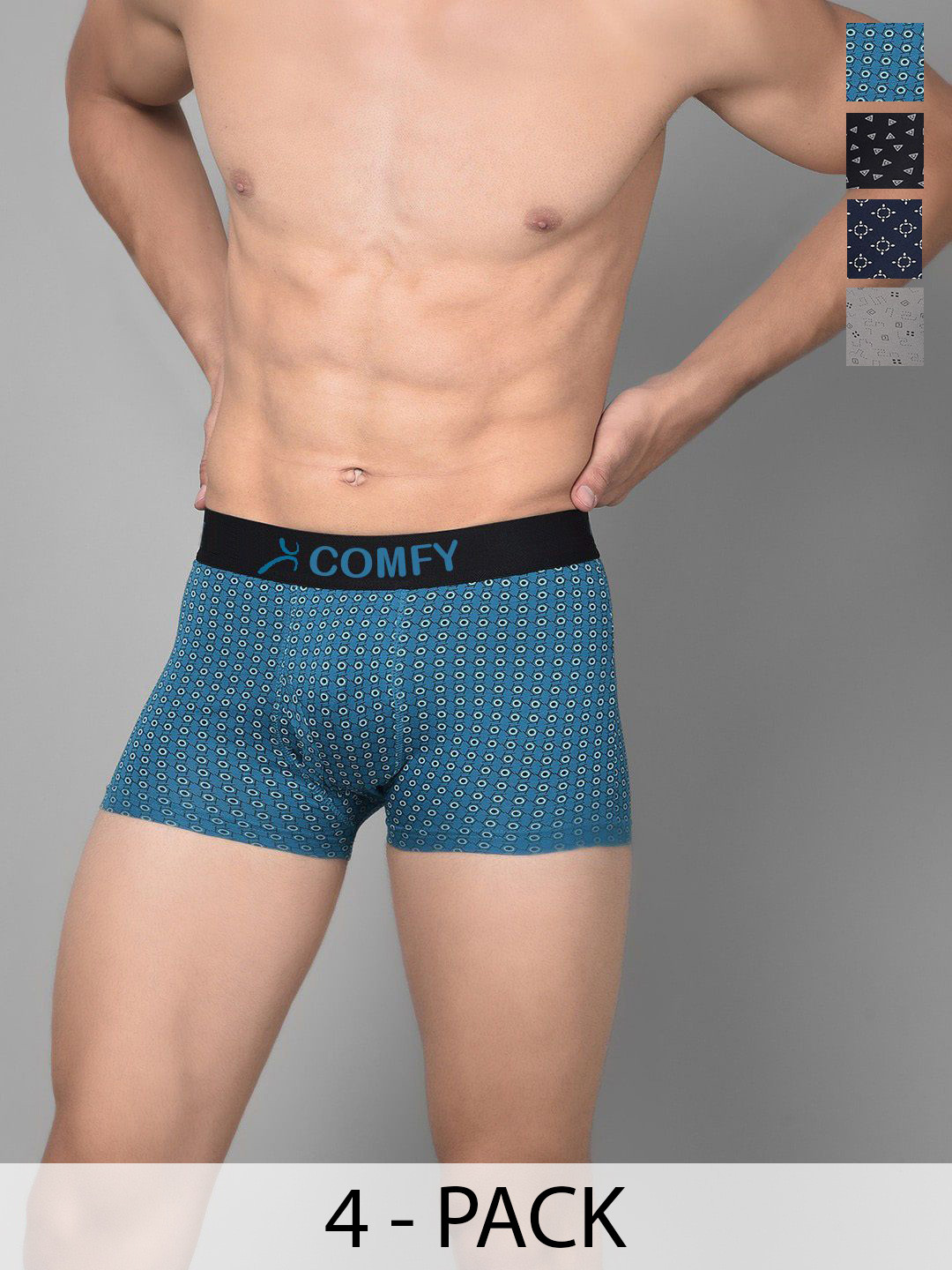 

AMUL COMFY Men Pack Of 4 Assorted Pure Cotton Trunks - Comfy-Printed-Trunk-OE-4-75, Blue