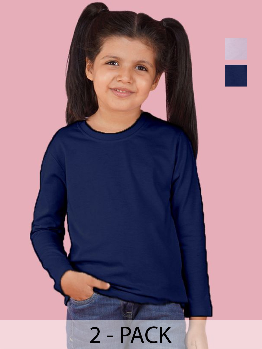 

NUSYL Pack Of 2 Girls Solid Round Neck Cotton T-shirts, Navy blue