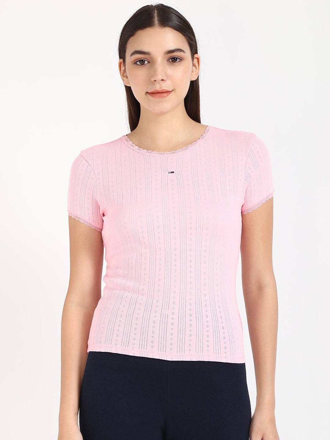 

Tommy Hilfiger Women Self Design Round Neck Cotton Slim Fit T-shirt, Pink