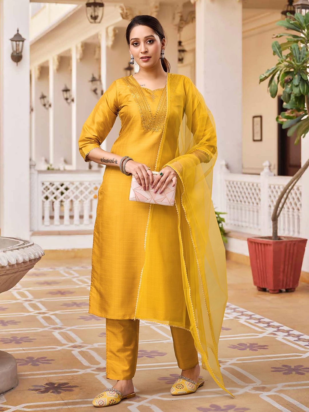 

KALINI Ethnic Motifs Embroidered Regular Sequinned Straight Kurta with Trousers & Dupatta, Mustard