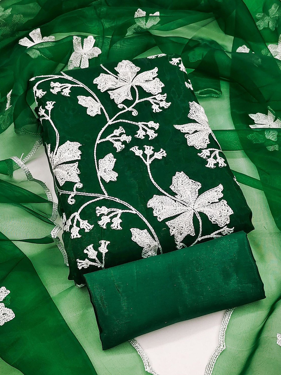 

Aika Floral Embroidered Organza Unstitched Dress Material, Green
