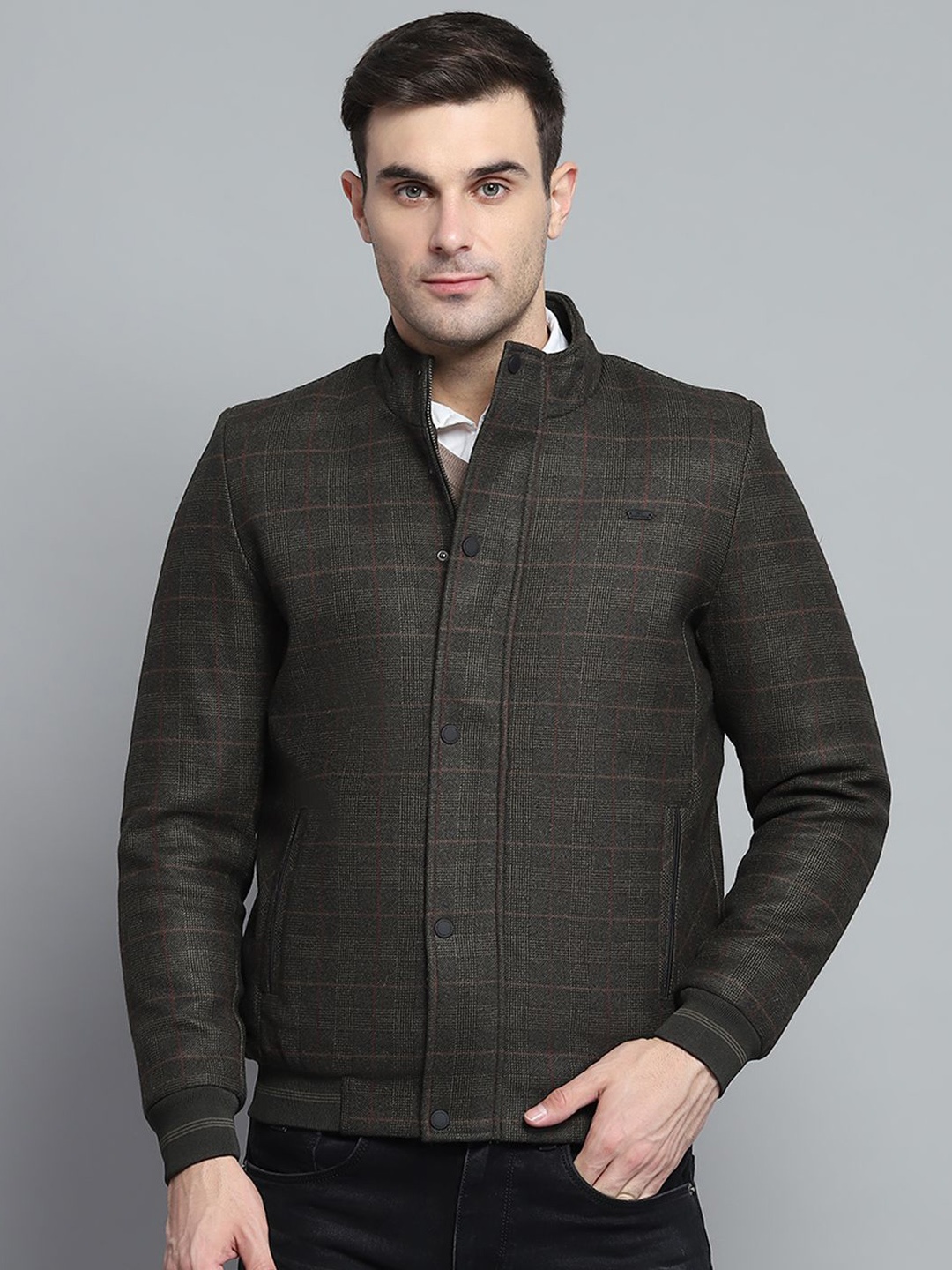 

Monte Carlo Men Mock Collar Geometric Printed Casual Padded Jacket, Olive