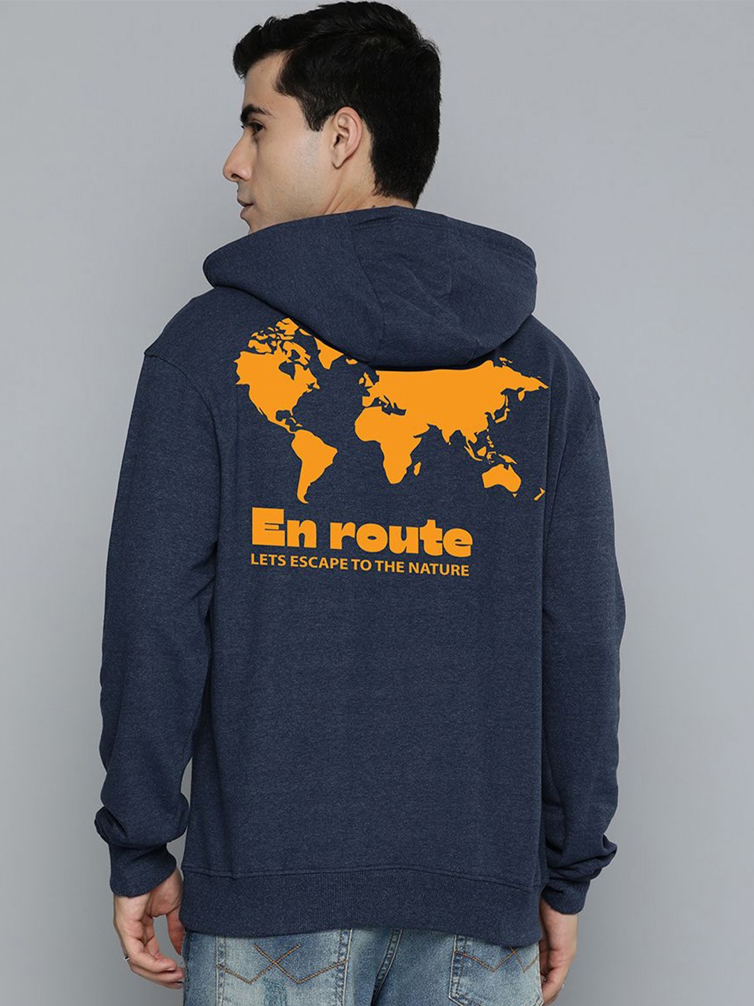 

R.Code by The Roadster Life Co. Men Cotton Printed Hooded Sweatshirt, Navy blue