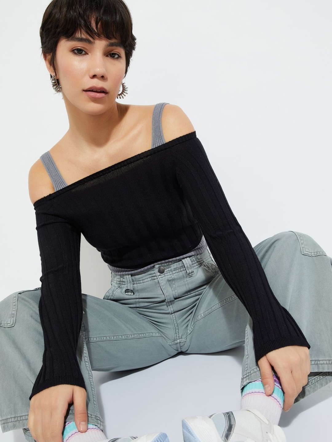 

MAX URB_N Women Knit Cold Shoulder Top, Black