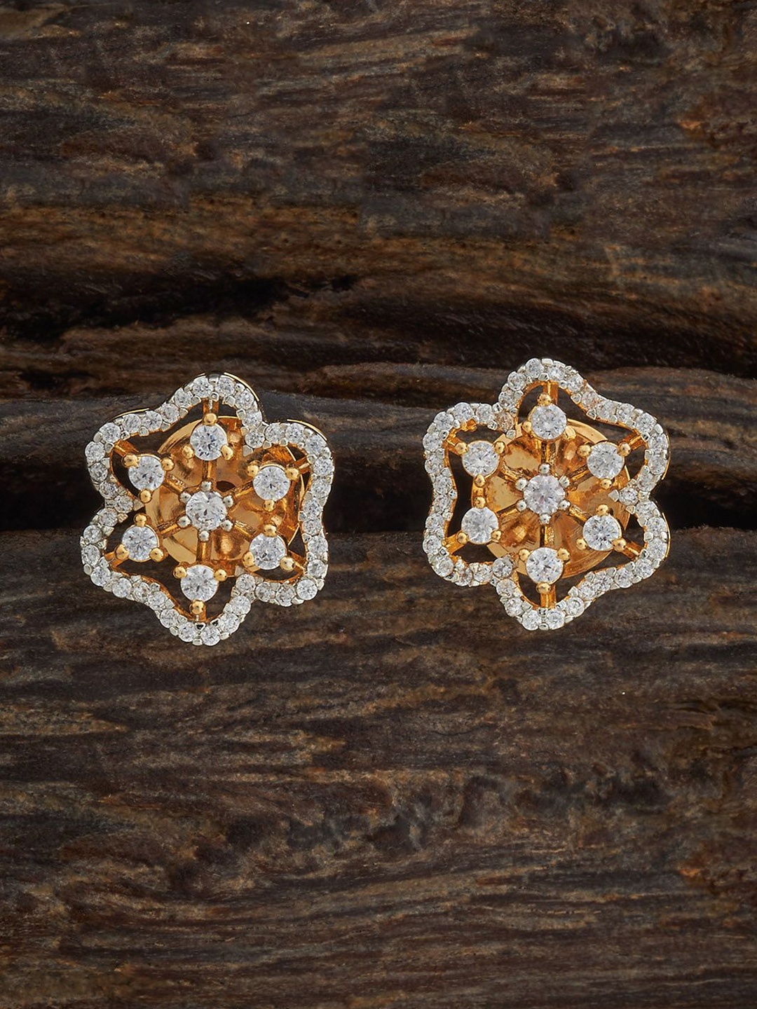 

Kushal's Fashion Jewellery Rhodium-Plated Floral Zircon Studs, Gold