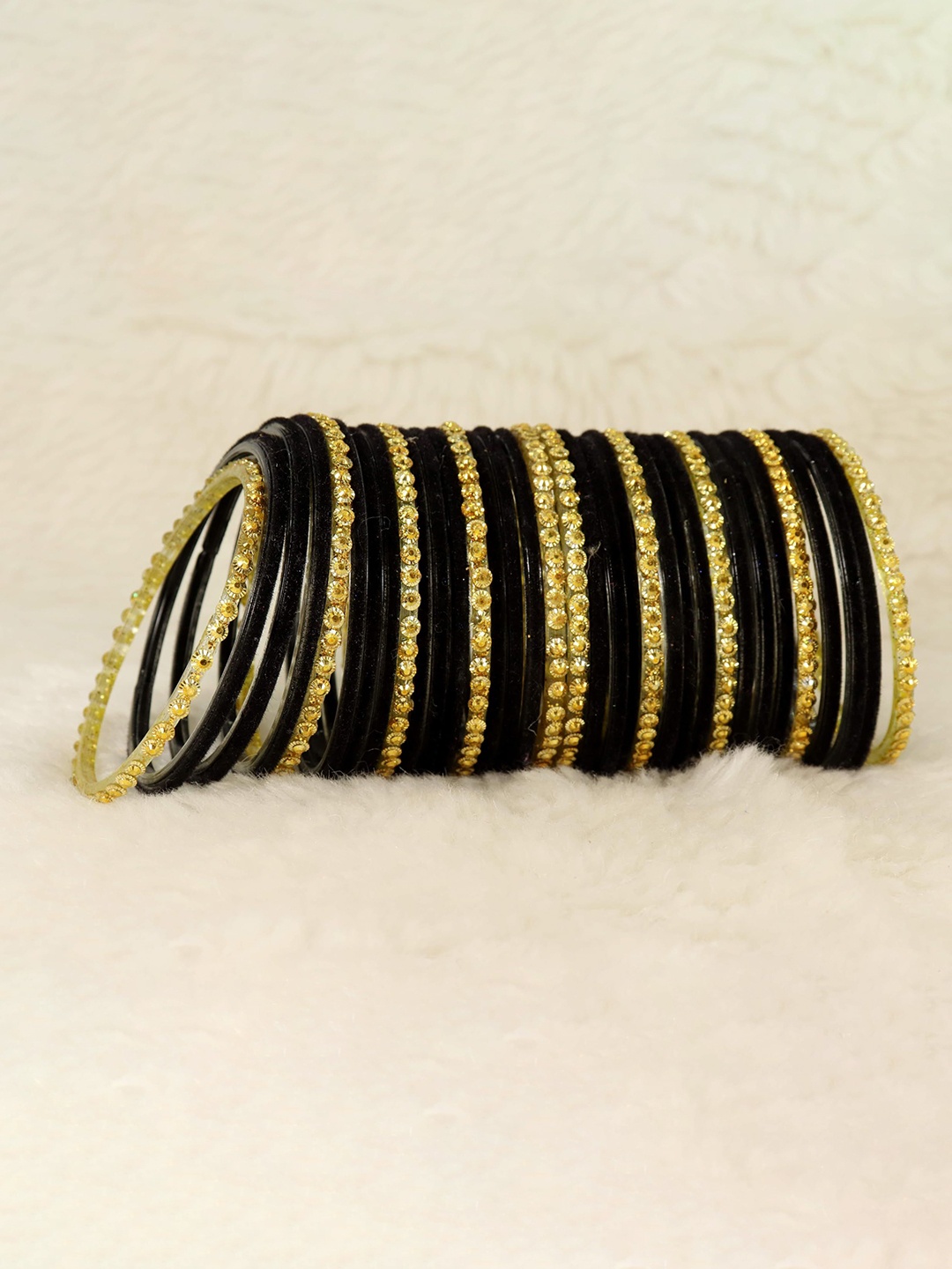 

ZULKA Set of 34 Stylish Golden Beaded Velvet Fancy Glass Bangle, Black