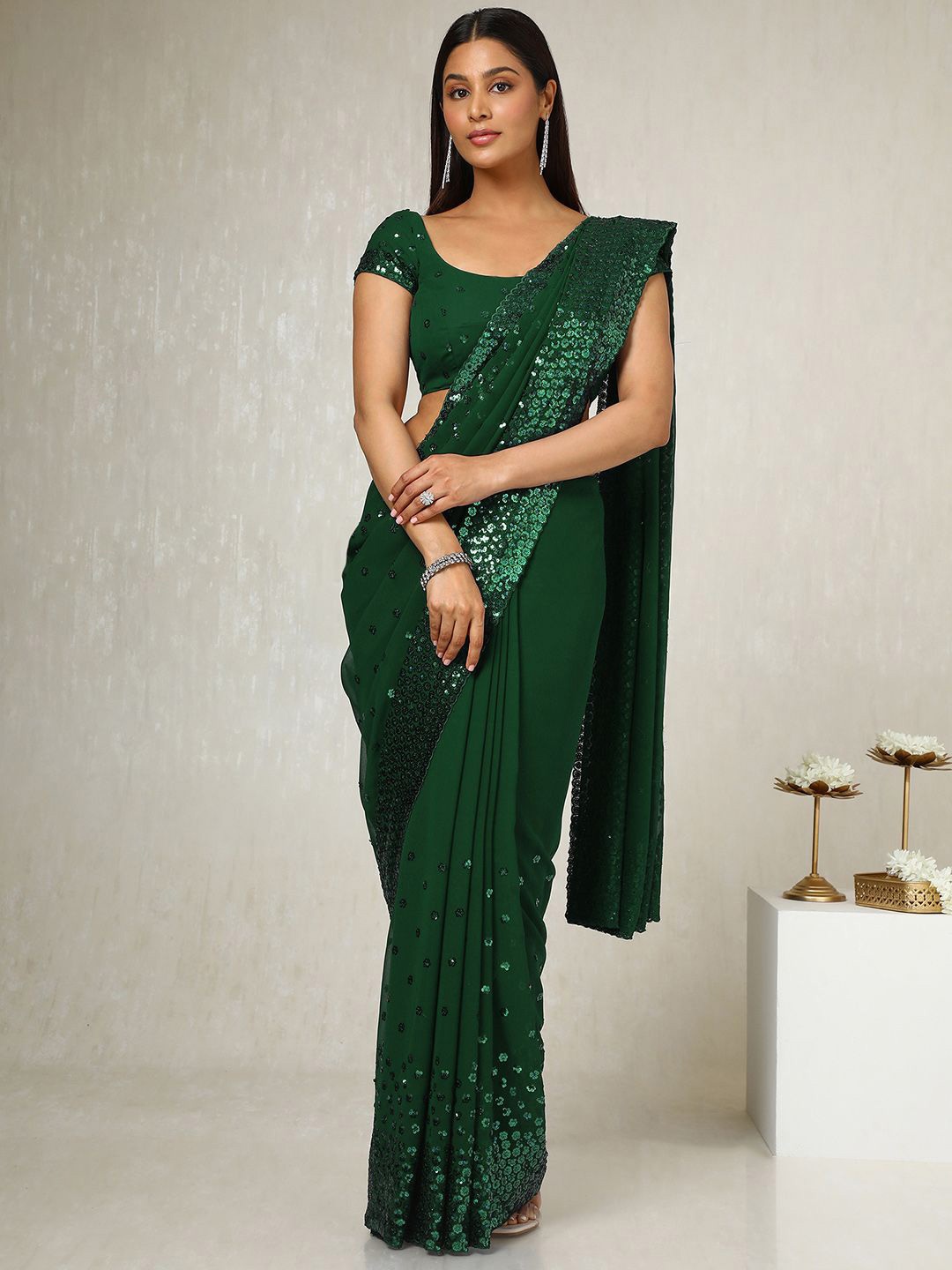 

Soch Embellished Sequinned Pure Georgette Saree, Green