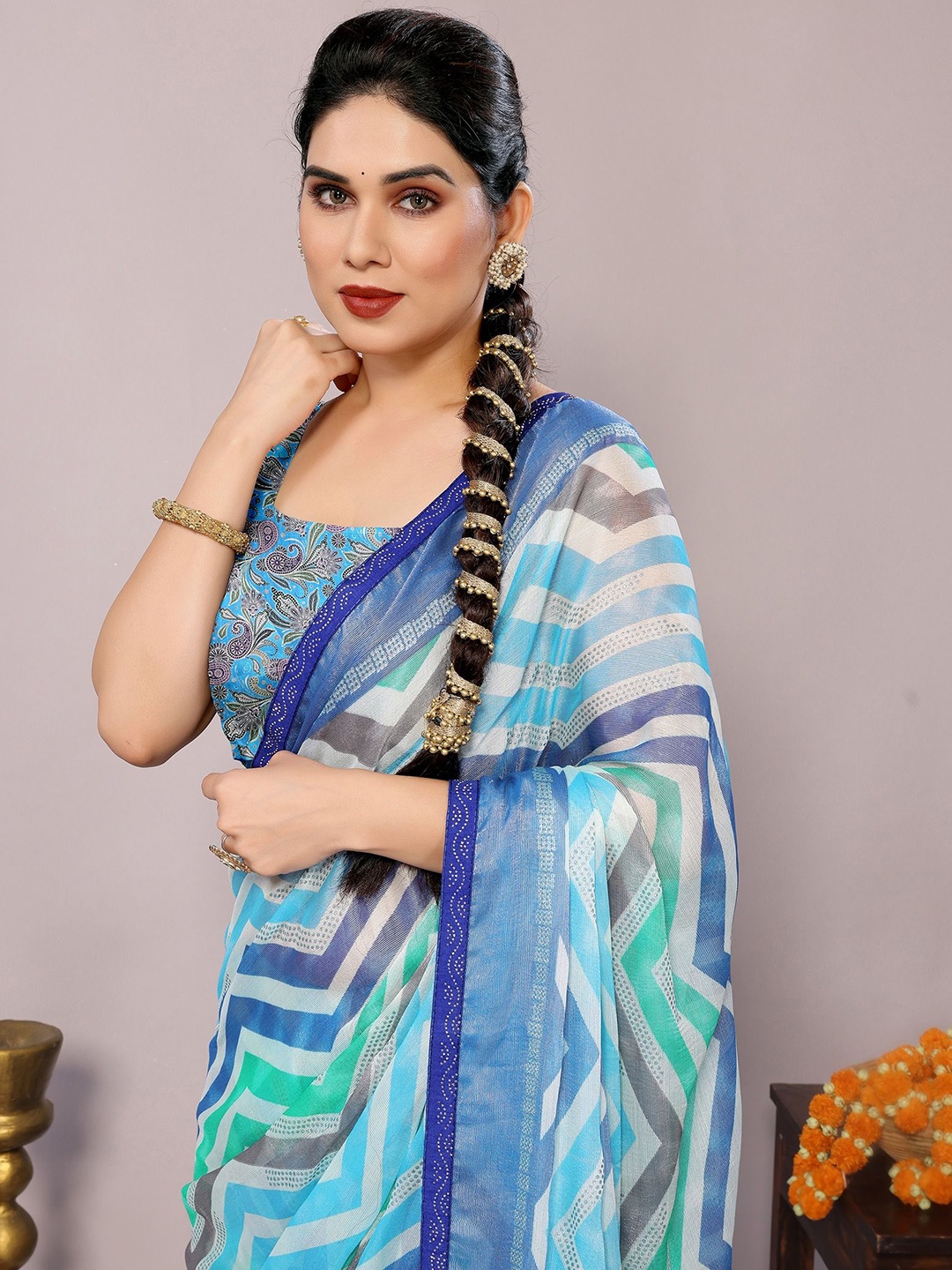 

MIRCHI FASHION Printed Embellished Beads and Stones Saree, Blue