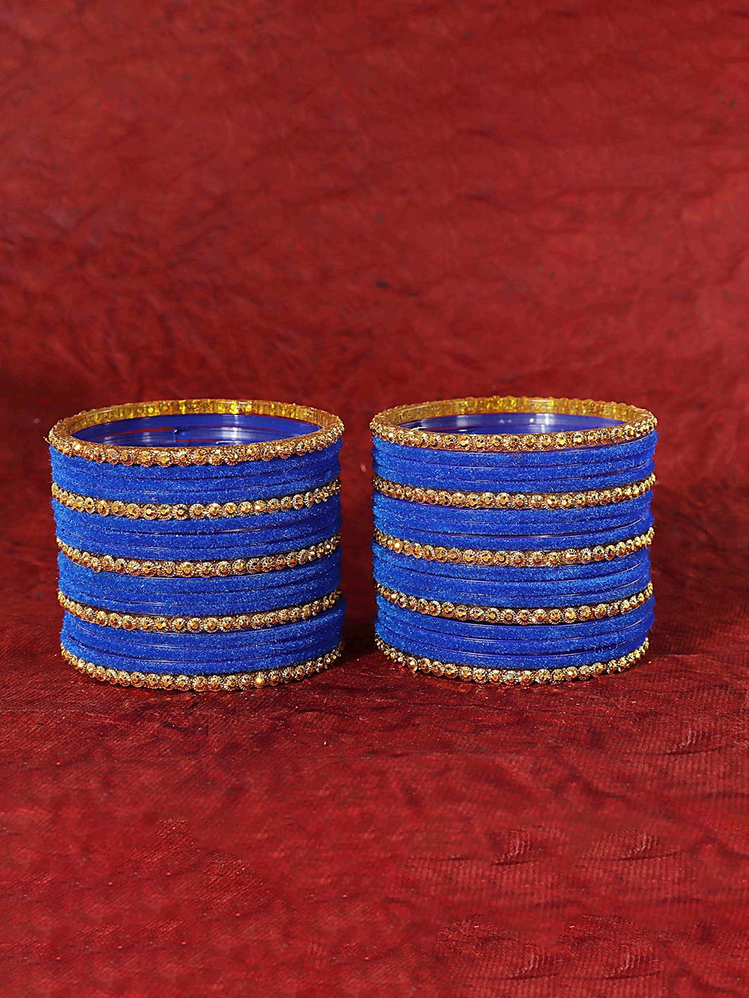 

ZULKA Set of 34 Glass & Golden Beads Velvet Bangle, Blue