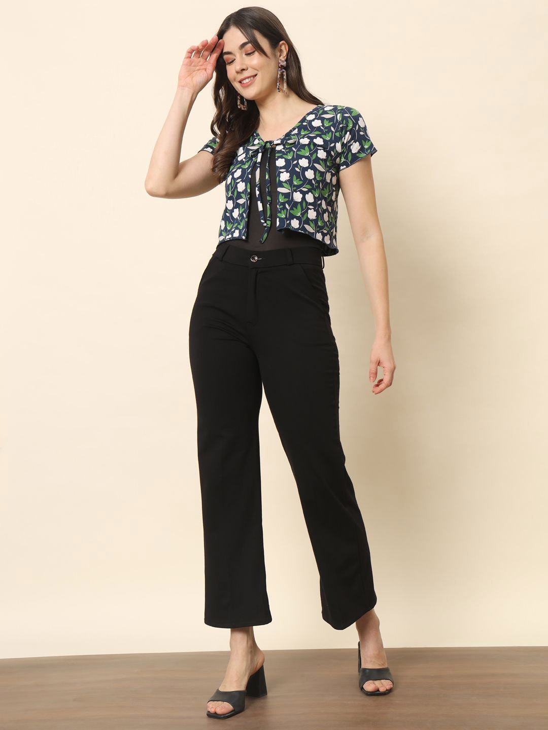 

BAESD Floral Printed Crop Tie-Up Front Knot Cotton Shrug, Navy blue