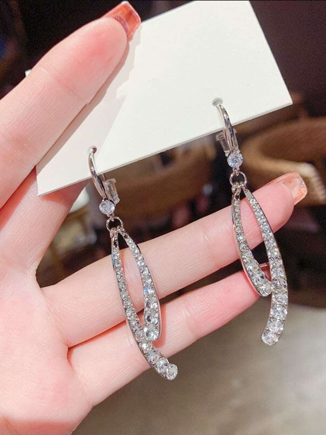 

DESTINY JEWELS Stone Studded Geometric Oxidised Drop Earrings, White