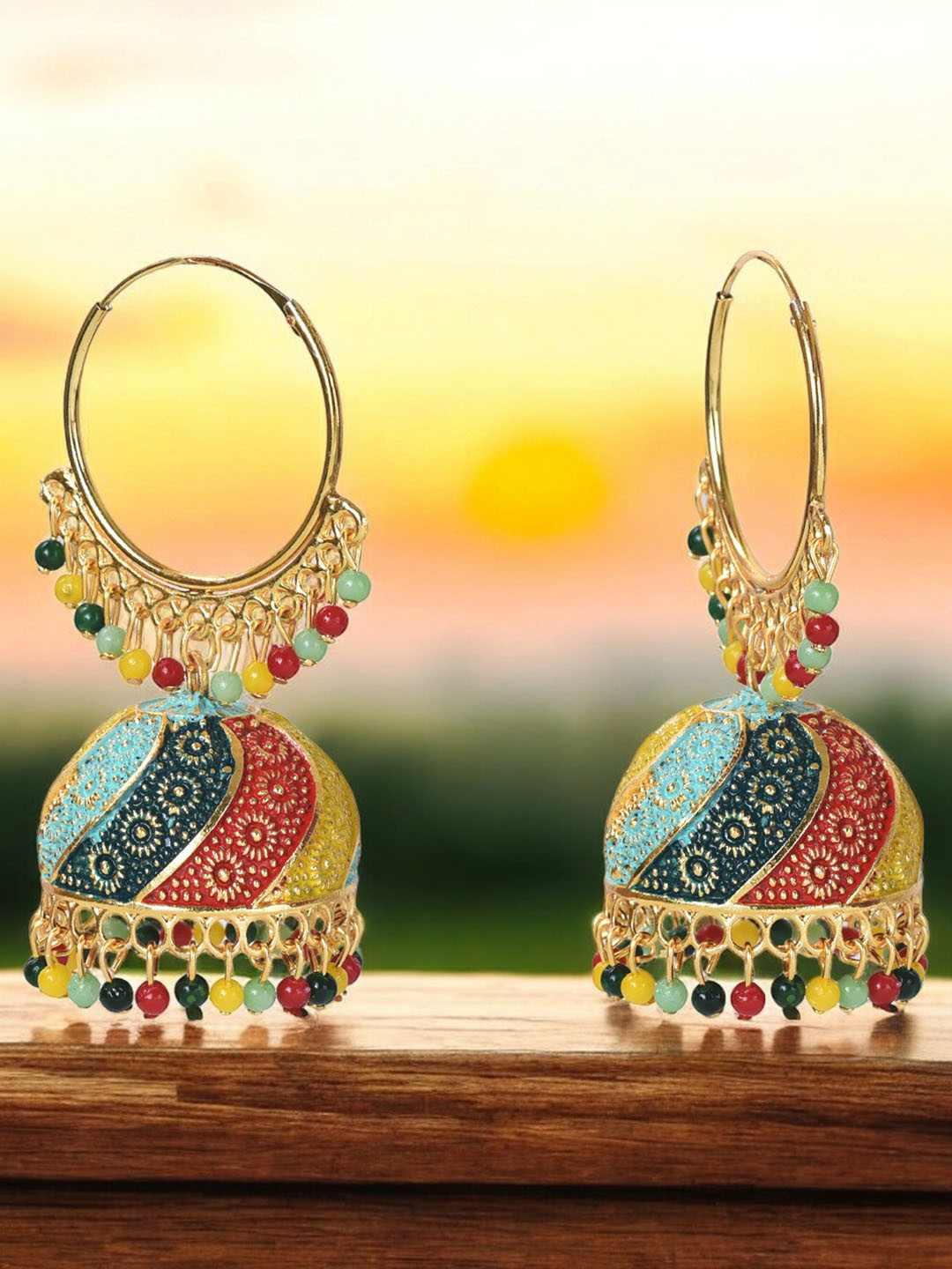

Nilu's Collection Set of 2 Beaded Dome Shaped Meenakari Jhumkas, Gold