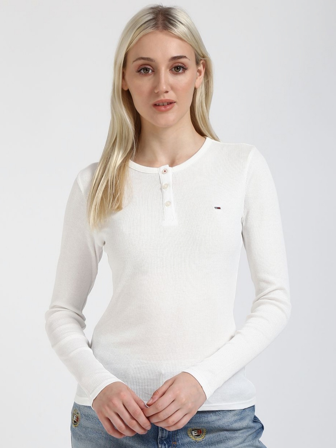 

Tommy Hilfiger Women Self Design Henley Neck Cotton Slim Fit T-shirt, White