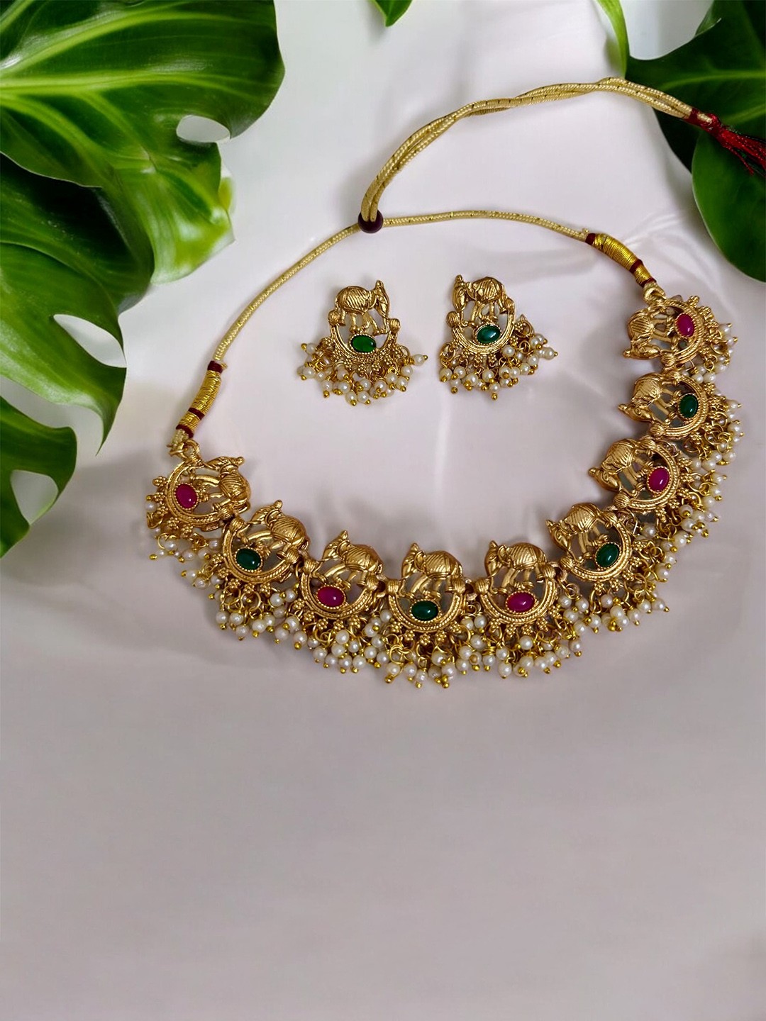 

SUBHAGALANKAR Gold-Plated Stones-Studded & Beaded Temple Jewellery Set