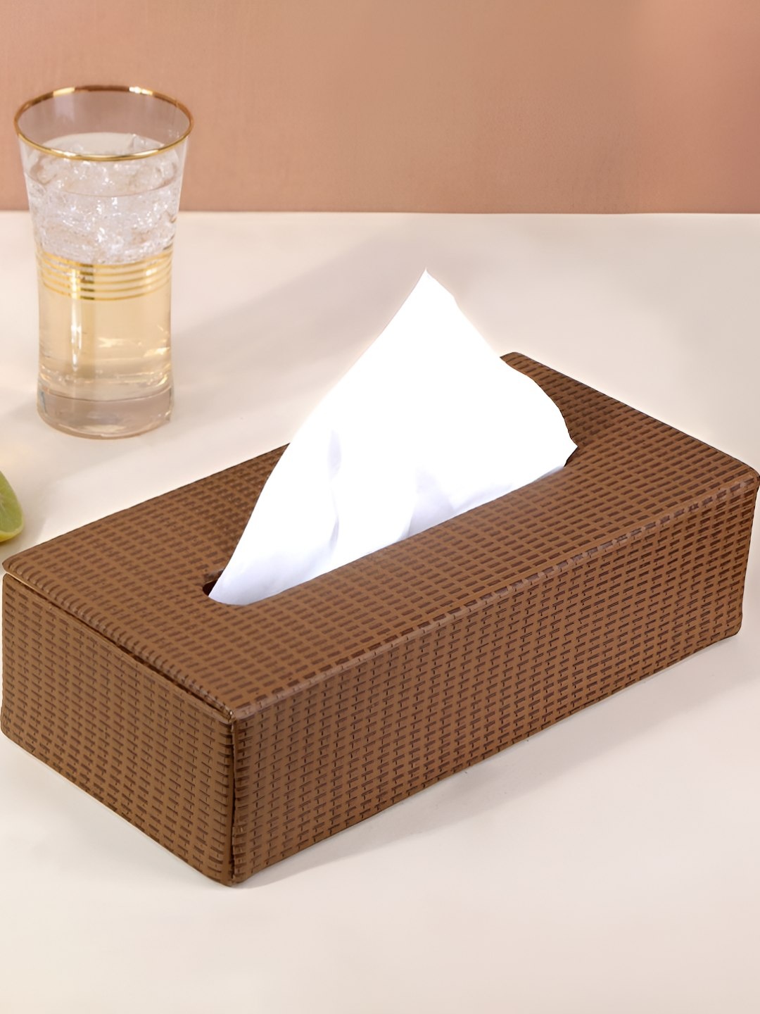 

THE HOME CO. Brown Leatherette Rectangle Wooden Tissue Holder