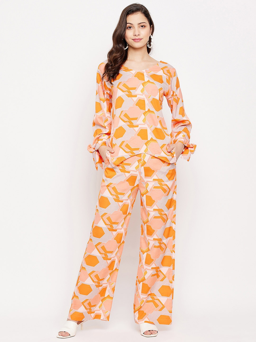 

DressBerry Orange and White Printed V-Neck Top With Trousers